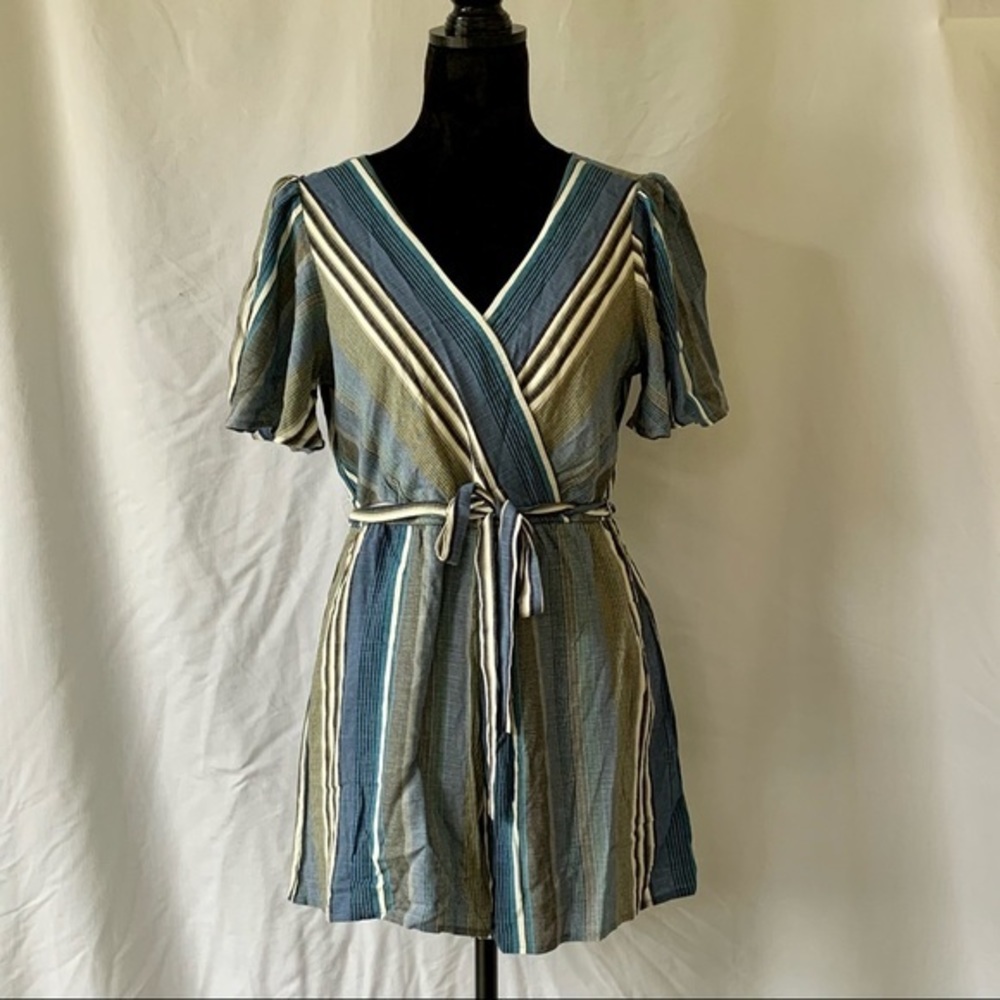 Francesca’s New Blue and white Woven Stripe Romper